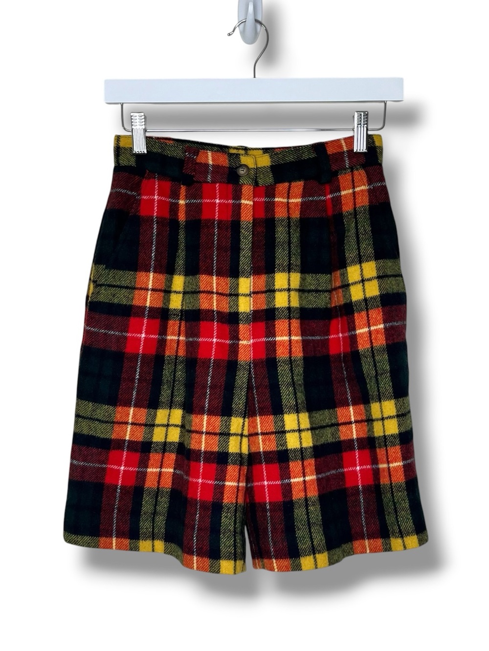 Vintage British Khaki Robert Lighton Tartan Plaid Wool Blend Shorts USA XS Women